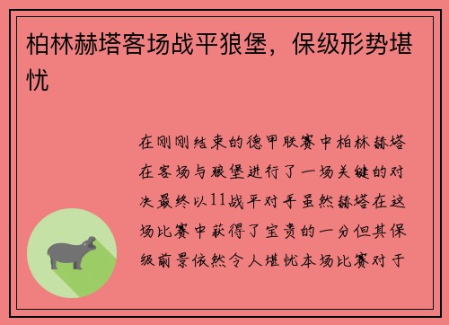 柏林赫塔客场战平狼堡，保级形势堪忧