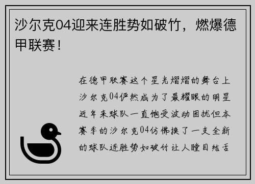 沙尔克04迎来连胜势如破竹，燃爆德甲联赛！